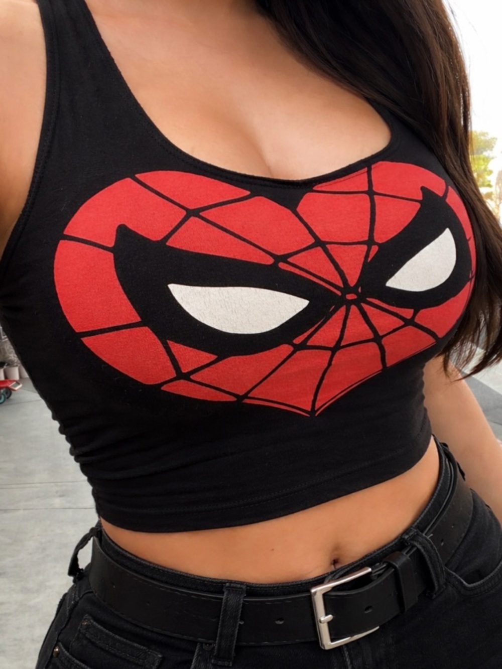 Black Crop Halter  Tank with Red Spider-Heart Graphic